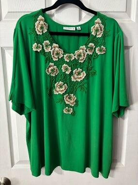 Susan Graver Liquid Knit Floral Appliquéd Top Kelly Green Plus Size 2X Stretchy